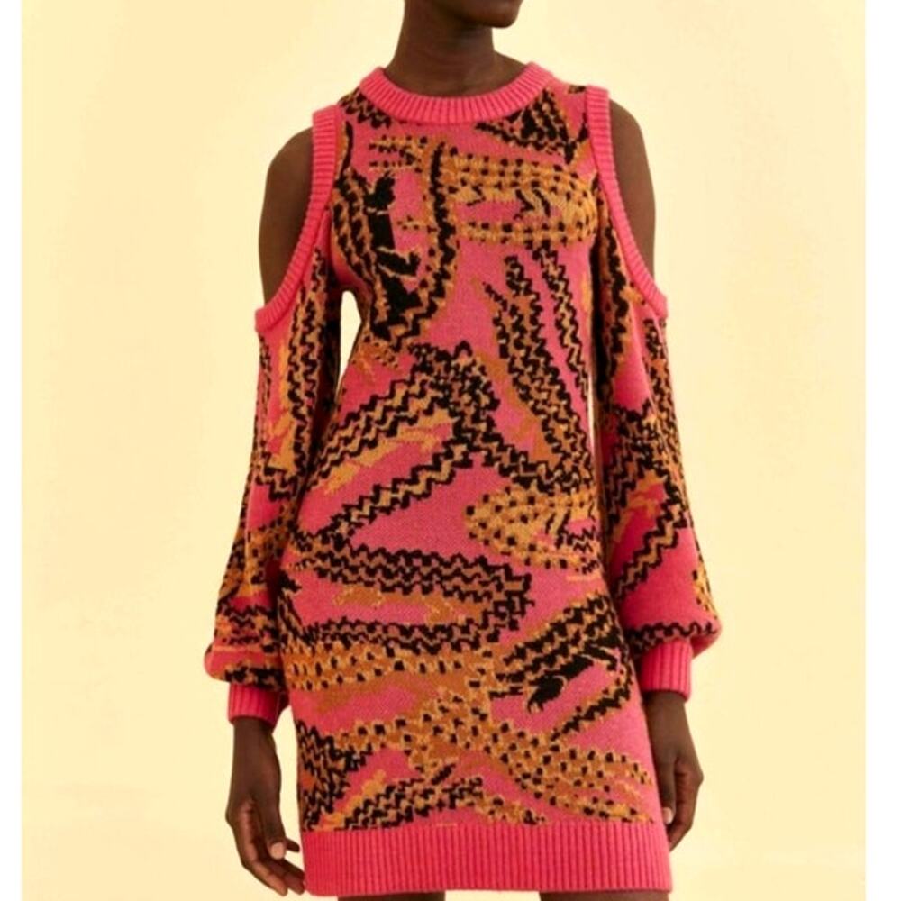 FARM Rio Croco Sweater Dress Women L Hot Pink  Cold Shoulder Jacquard Knit Mini